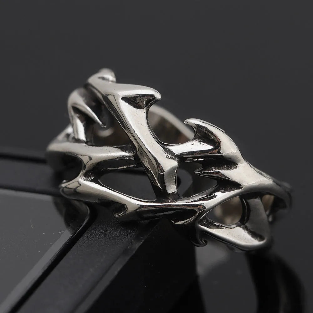 Copper geometric thorn flower ring with adjustable opening on finger