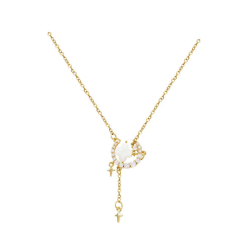 Women's romantic star moon zirconium necklace on adjustable clavicle chain in gold colour