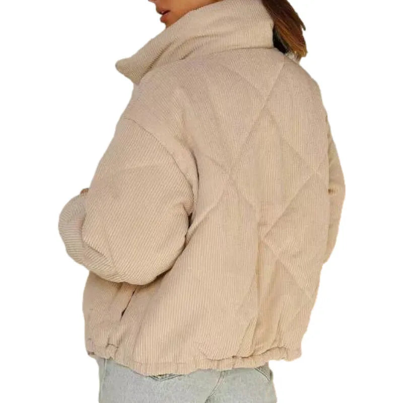Apricot-colour women's corduroy jacket with a stand collar, long sleeves, and a front zip.