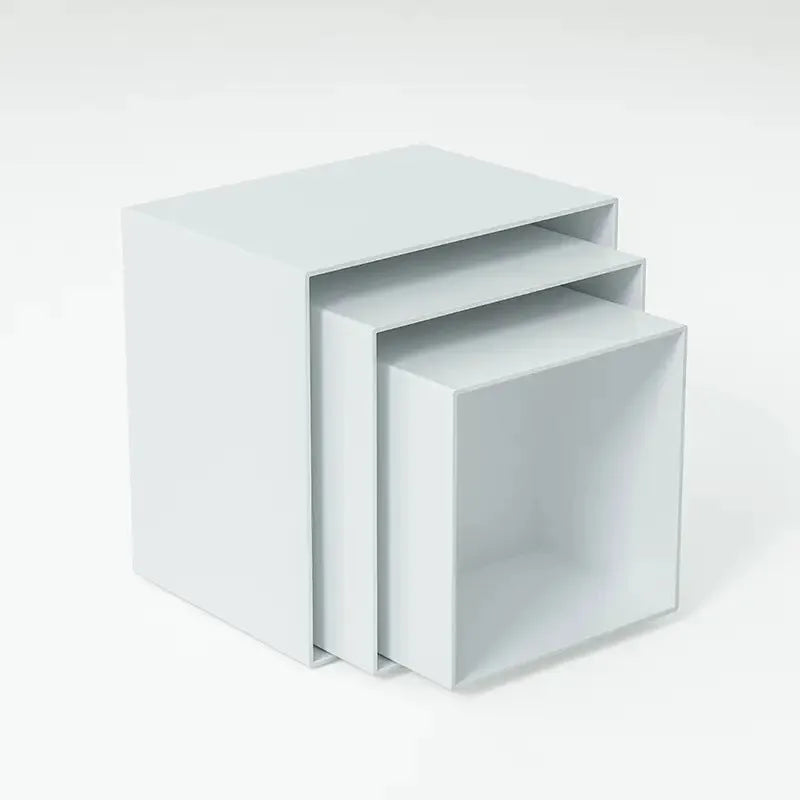 White plastic six-piece suit cube desktop dessert display stand set arranged in tiers.