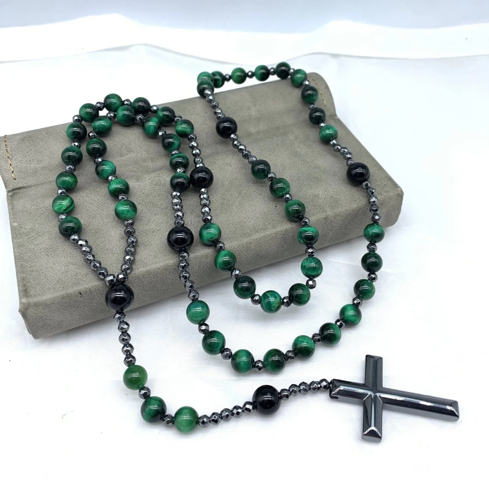 Men's stone cross pendant necklace on an 80cm ball bead chain with a safety lock
