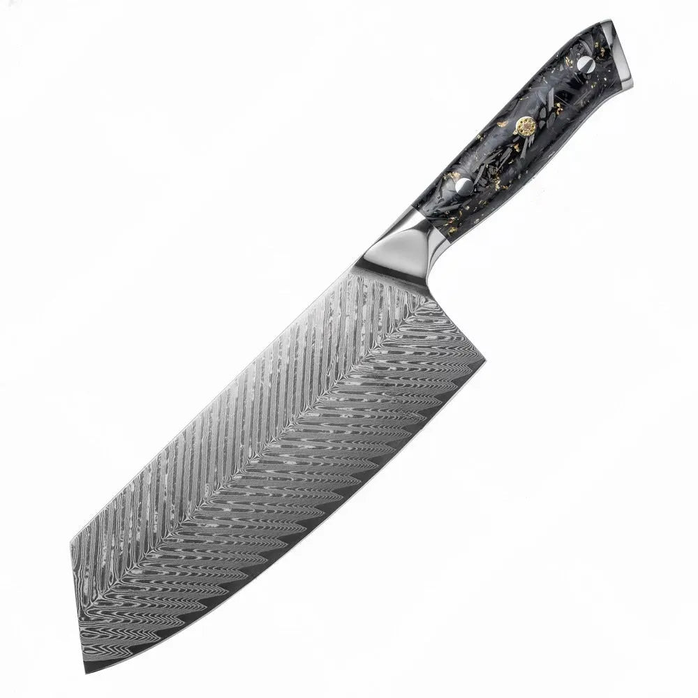Damascus steel eight-piece kitchen knife set showing fishbone pattern blades and modern handles.