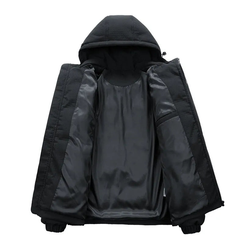 Men's black hooded padded cardigan coat with Korean style letter print on the chest.