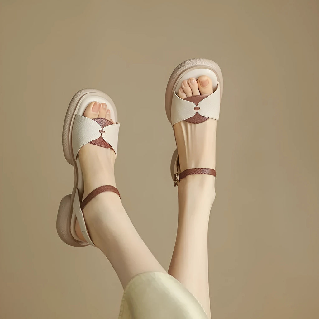 Women's beige chunky heel platform sandals with open toe and renewable leather upper