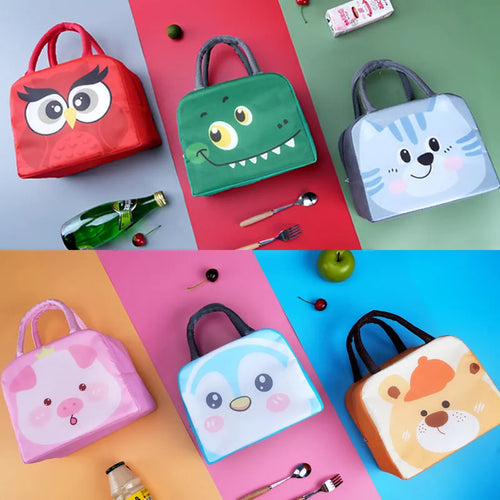 Cartoon insulated lunch box bag for children in Orange Bear design with zip closure.