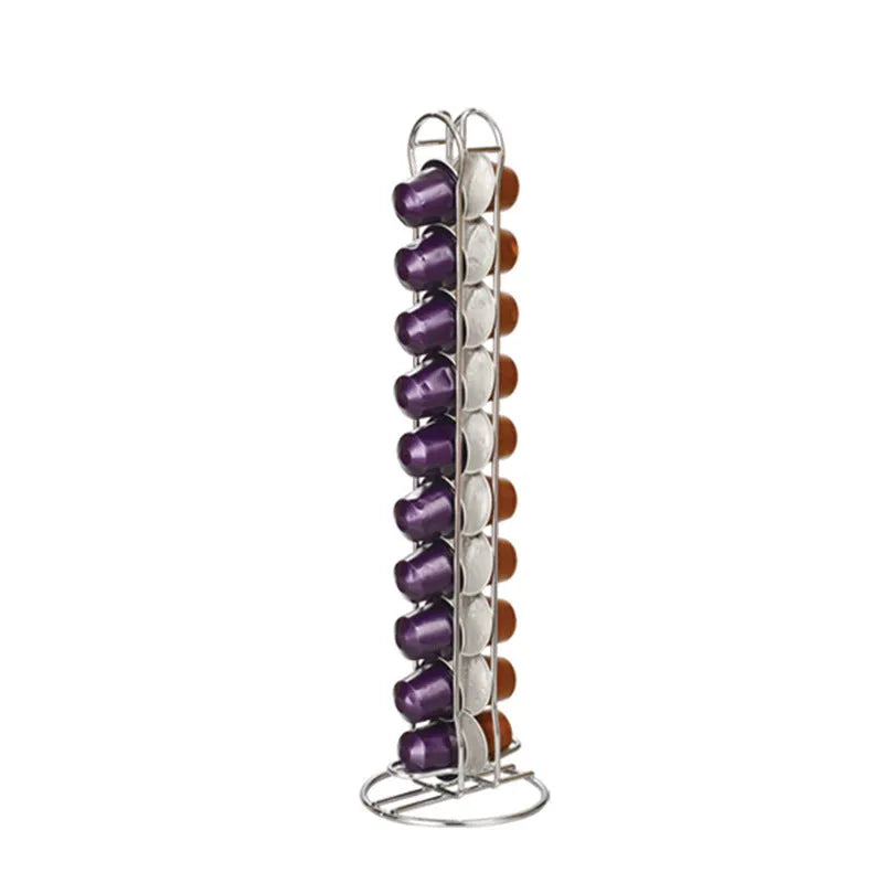 Black iron coffee capsule storage rack holding pods on display shelves.