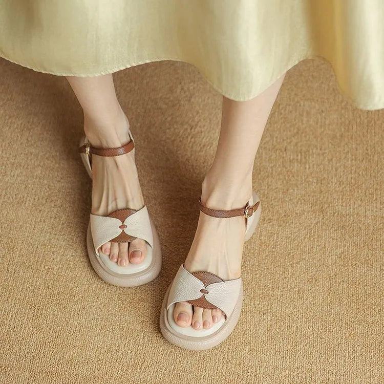 Women's beige chunky heel platform sandals with open toe and renewable leather upper