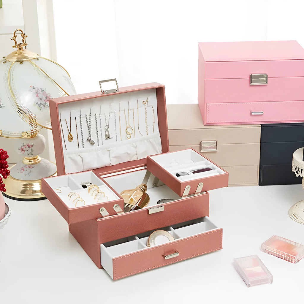 Solid colour hard PU leather jewelry storage box for earrings and necklaces.