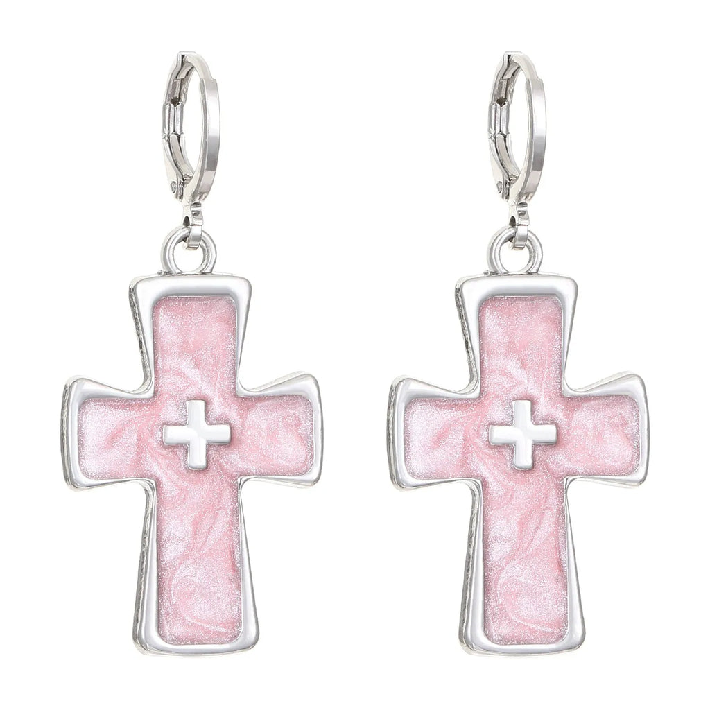 Women's alloy cross crystal earrings in five colours with dripping oil finish and multiple design elements