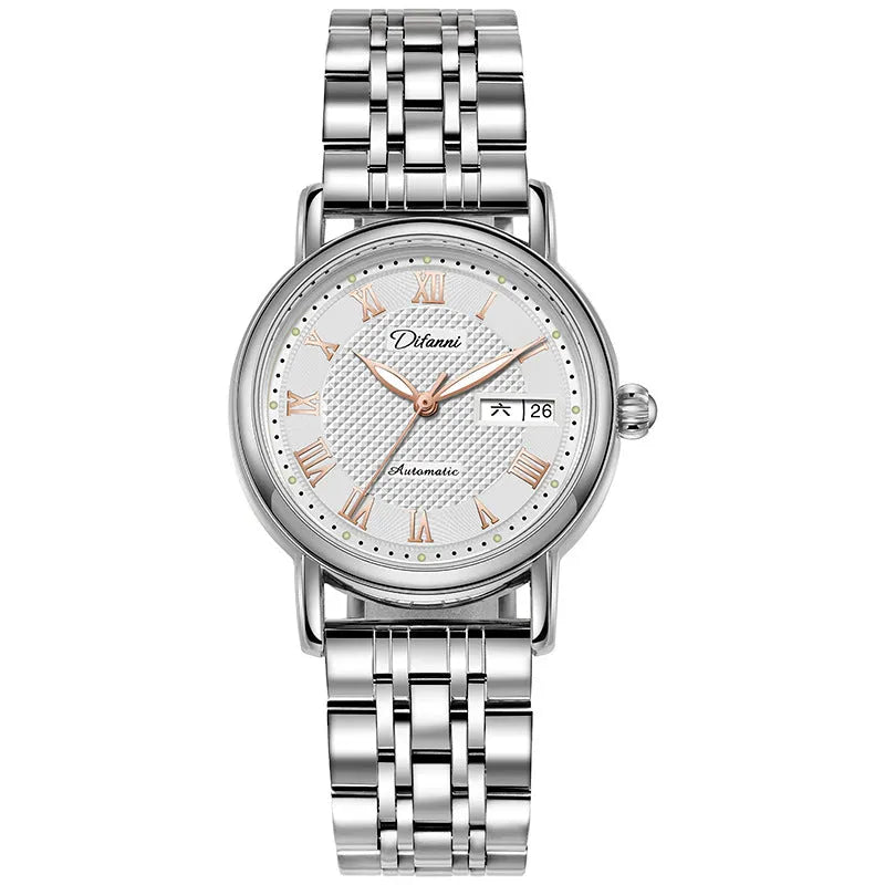 6023B automatic women's mechanical watch in steel and leather strap options on wrist