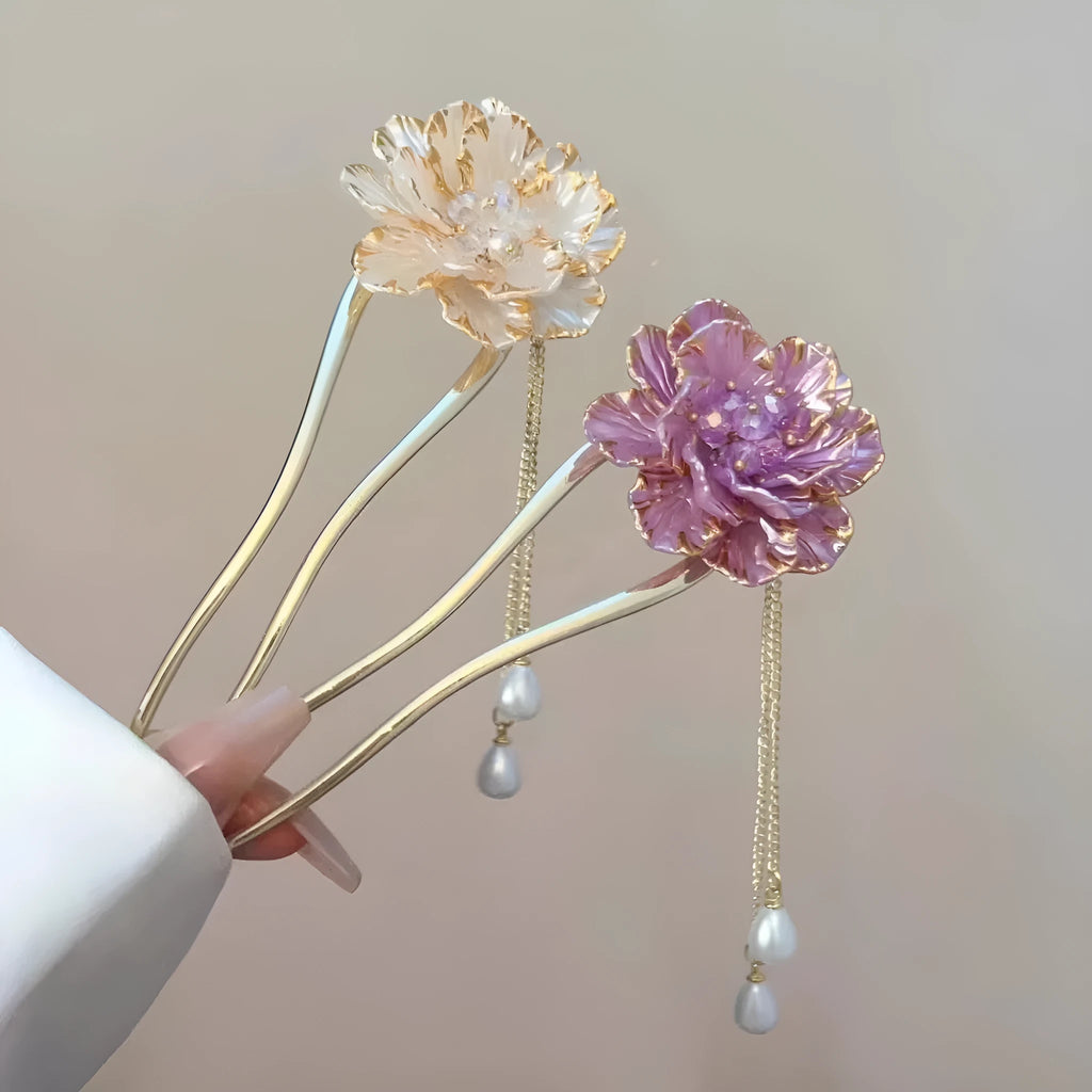 Purple and white peony flower U-shaped hairpin barrette with tassel detail on alloy base.