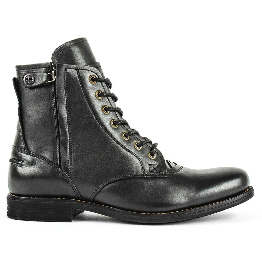 Knight Series men's black leather side zip ankle boots on a plain background.