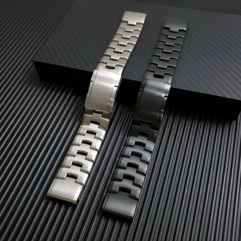Garmin Fenix smartwatch replacement strap in silver, black and titanium colour options showing 22mm and 26mm width sizes