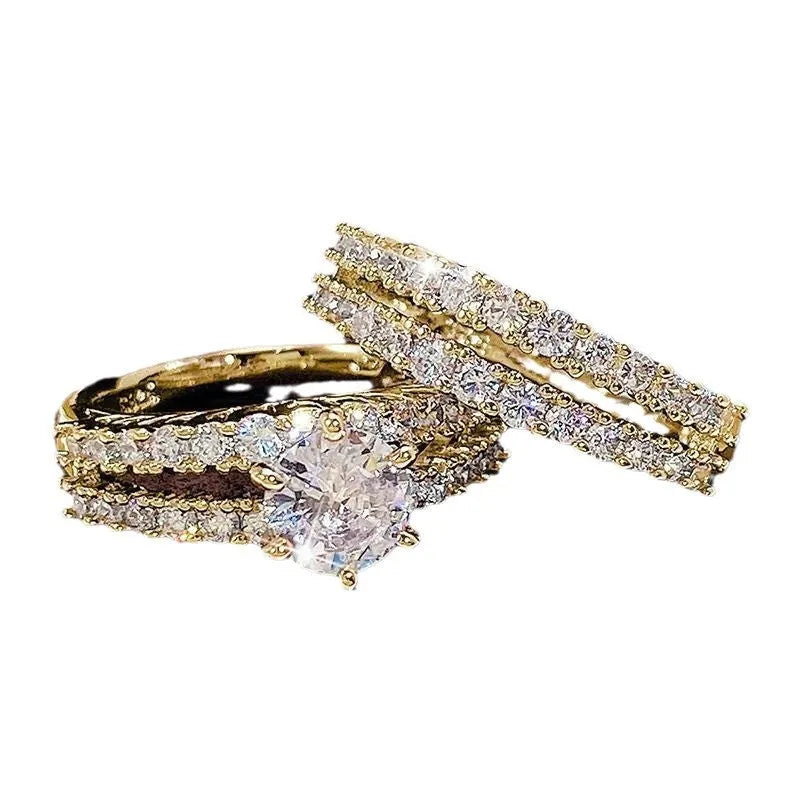 2 in 1 geometric ring set for women in silver, gold, and rose gold colours showing fully-jewelled design