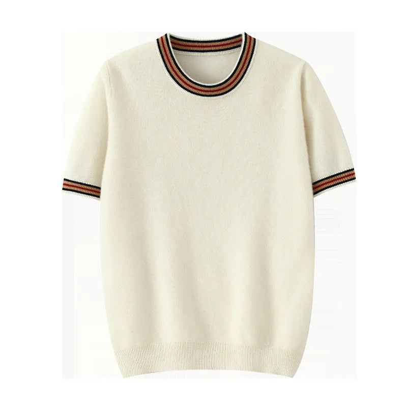 Men's pure wool short sleeve pullover sweater in round neck design shown in white, grey and black colours