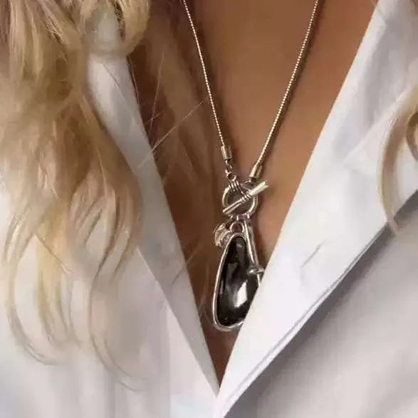 Women's long geometric alloy pendant necklace with snake bones chain in blue colour