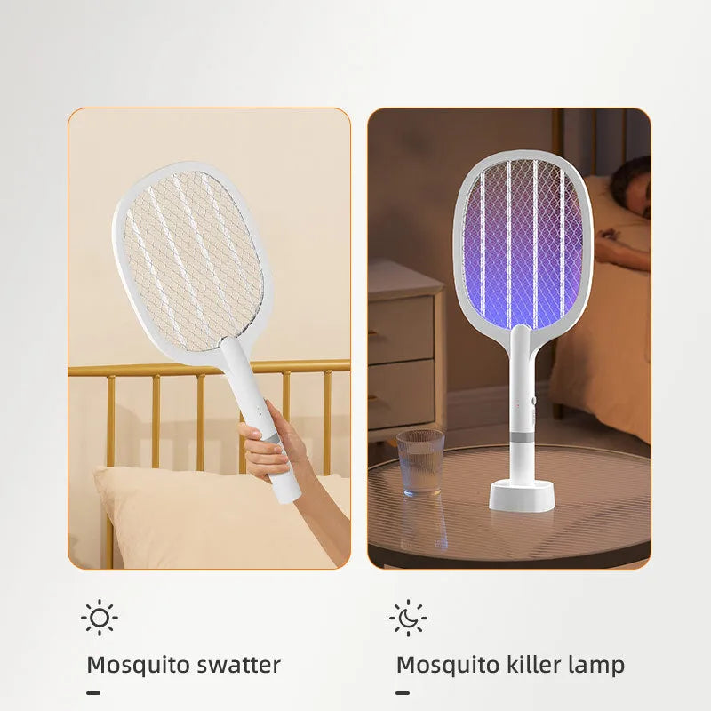 Rechargeable electric mosquito swatter with USB charging port in white or grey ABS plastic housing