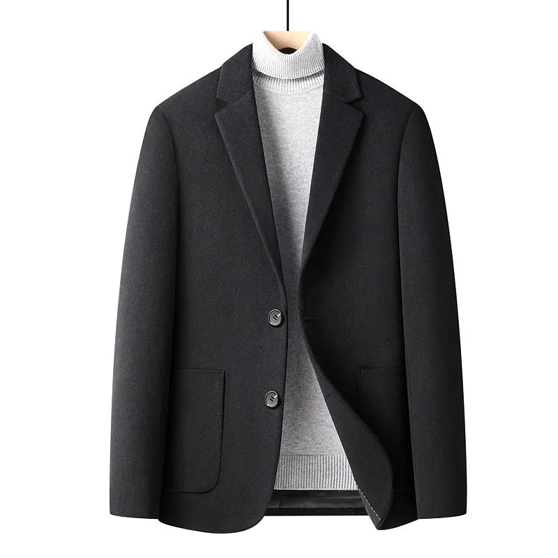 Men's slim fit wool suit jacket in gray, featuring a non-iron fabric and polyester lining for autumn and winter.