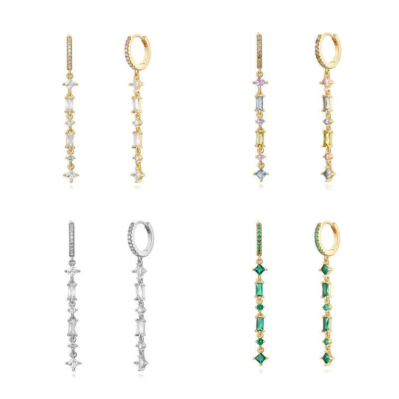 Sterling silver needle fashion ear clip with colourful zircon tassel and geometric U-shape design