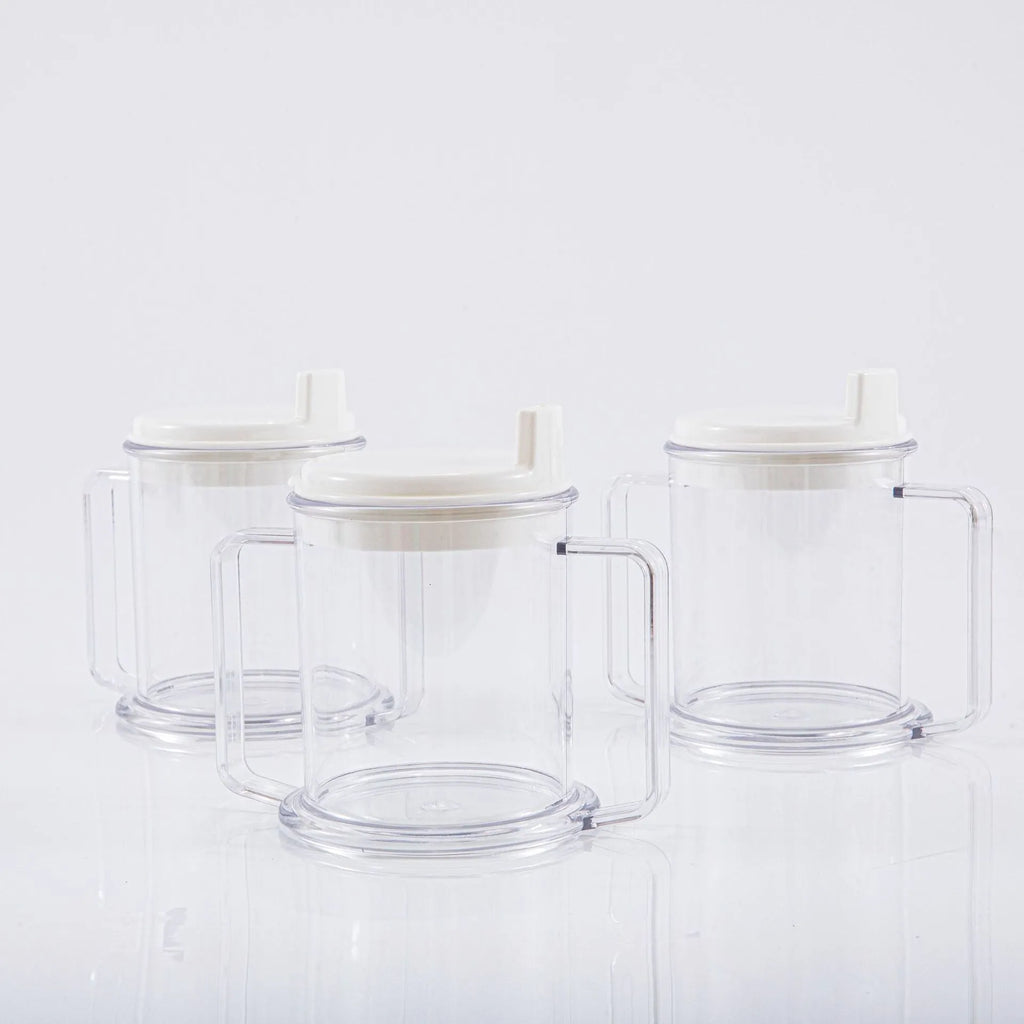 Transparent spill-proof drinking cup made of PP plastic, 14cm tall.
