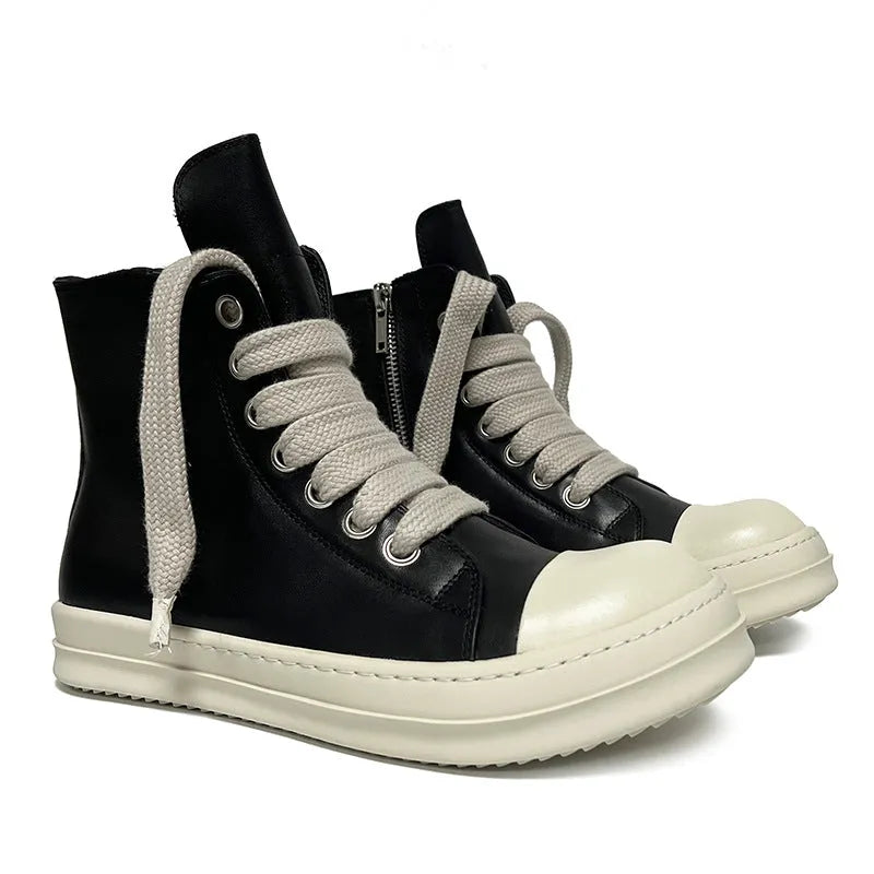 Men's black high-top leather sneakers with a side zip on a white background