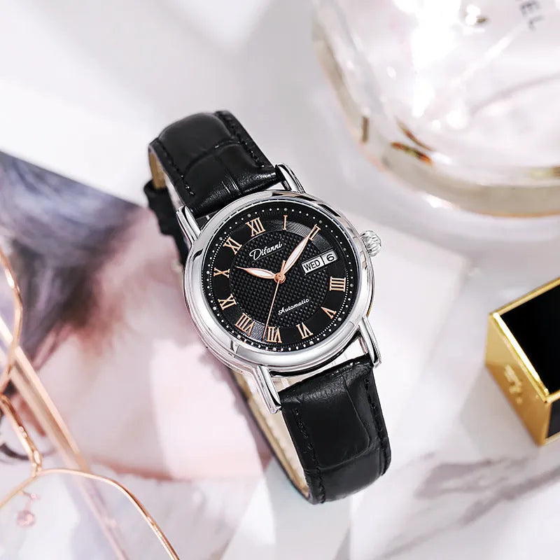 6023B automatic women's mechanical watch in steel and leather strap options on wrist