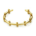 Stainless steel C-shaped rivet bean bead bracelet with alloy chain fastening in gold or steel colour