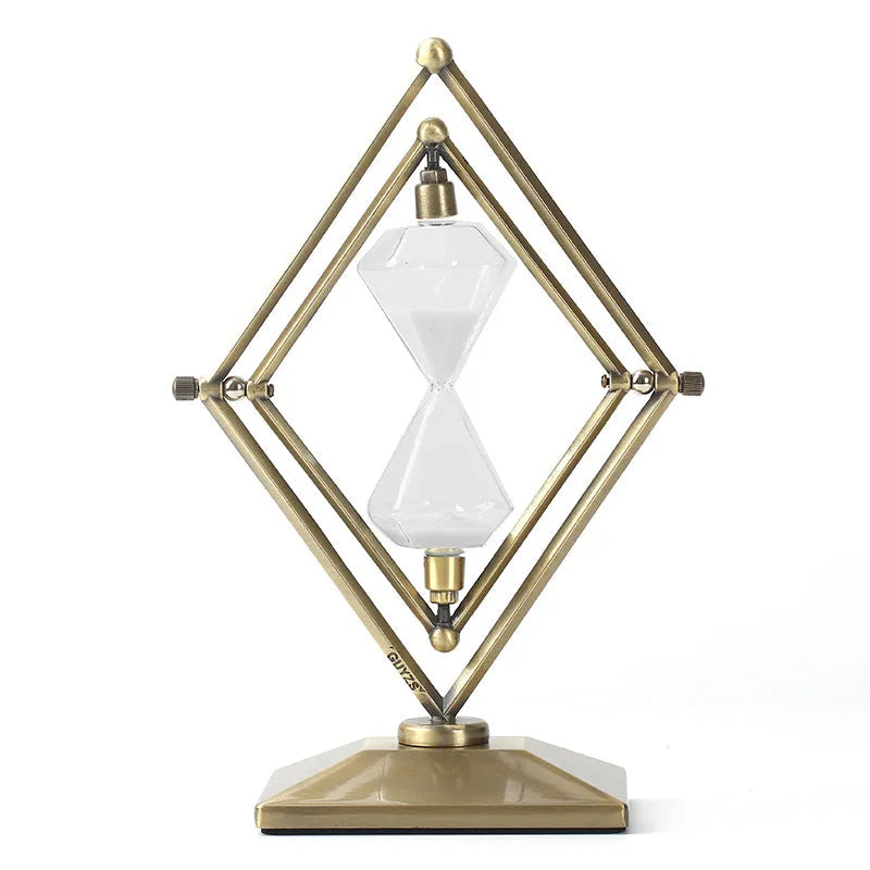 Zinc alloy metal and glass sand timer ornament with modern minimalist design in bronze or silver colour