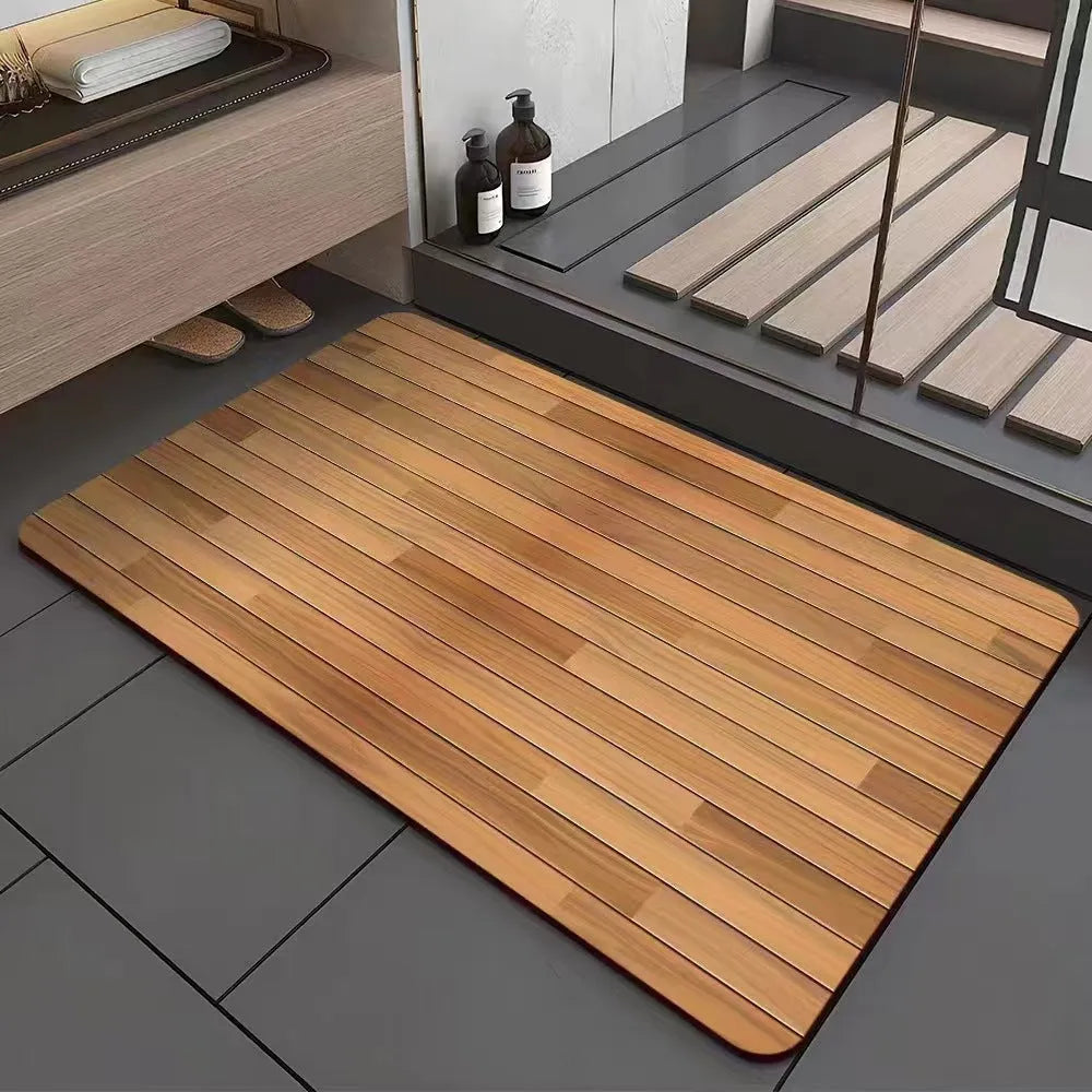 American-style square diatom ooze floor mat with a wood grain geometric pattern, shown in a bathroom setting.