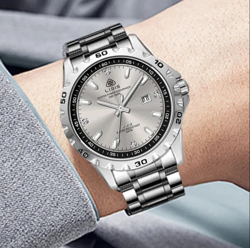 Silver men's business watch with luminous markers and stainless steel strap