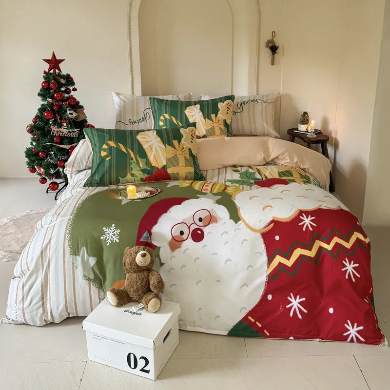 Christmas cartoon printed bedding four-piece set with gingerbread man designs on super soft washed cotton