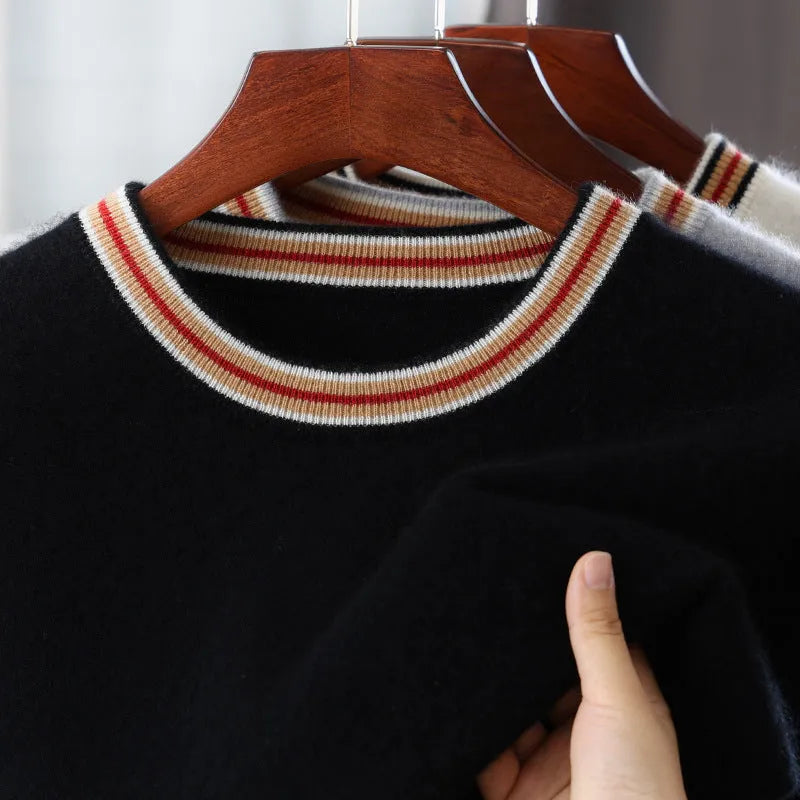 Men's pure wool short sleeve pullover sweater in round neck design shown in white, grey and black colours