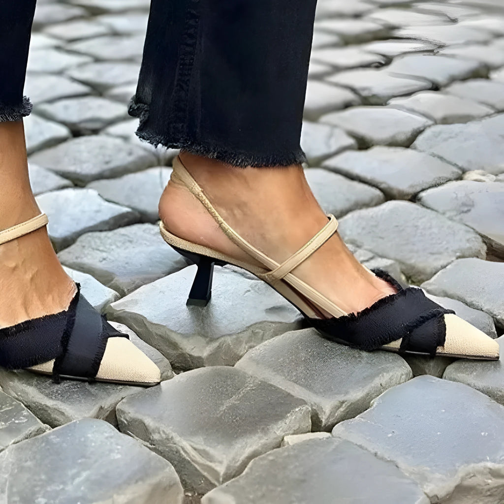 Women's apricot black colour block pointed toe sandals with stiletto heel and buckle fastening