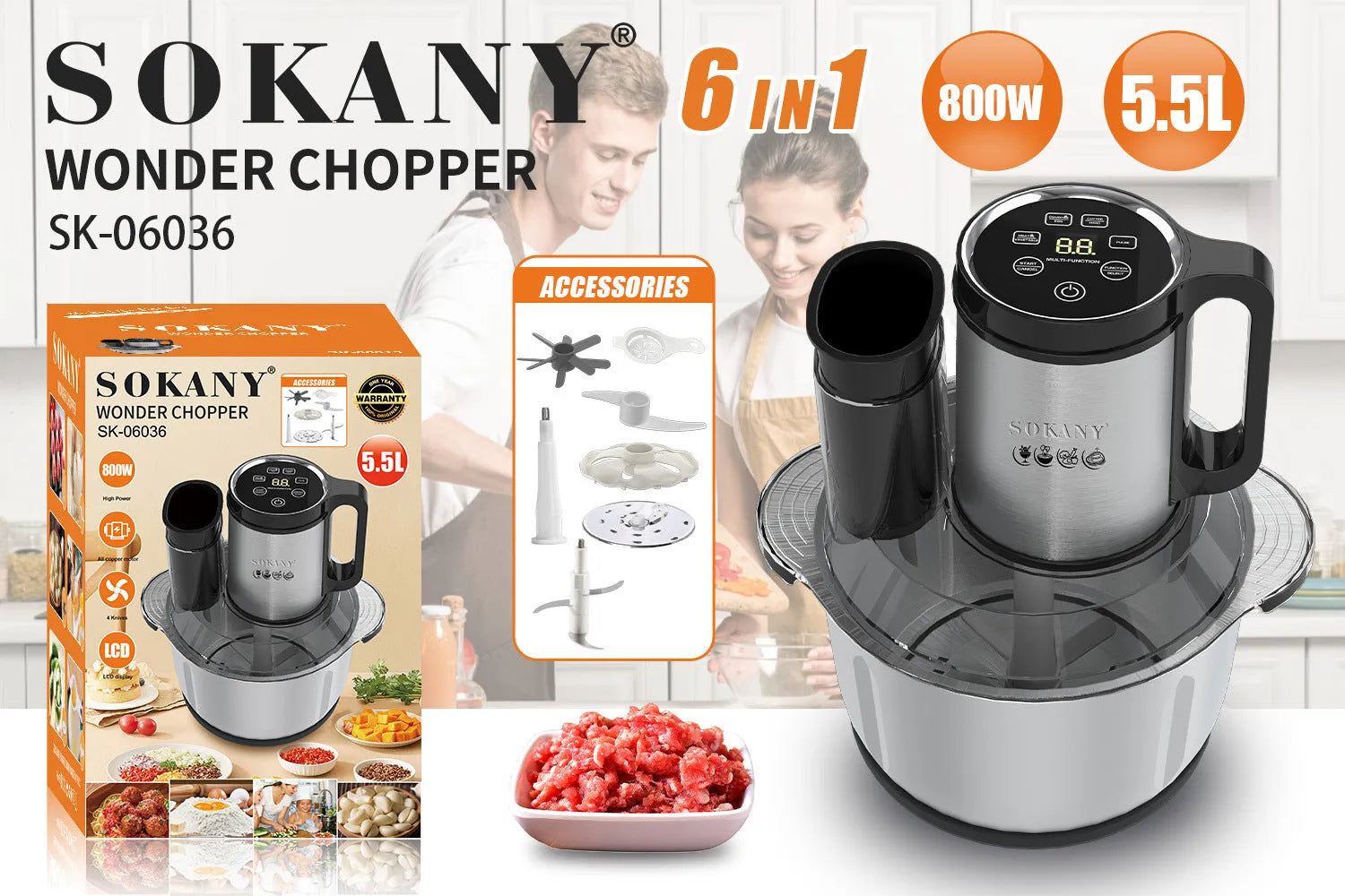 Stainless steel meat grinder vegetable cutting mixer machine in 06036 colour