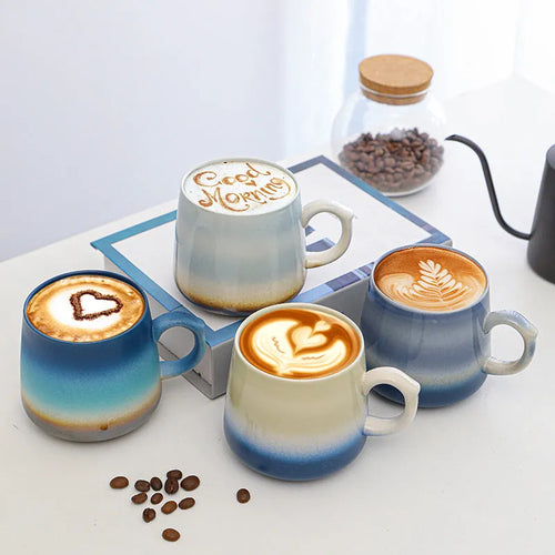 Large capacity mild luxury retro style ceramic coffee mug in one of four colour options.