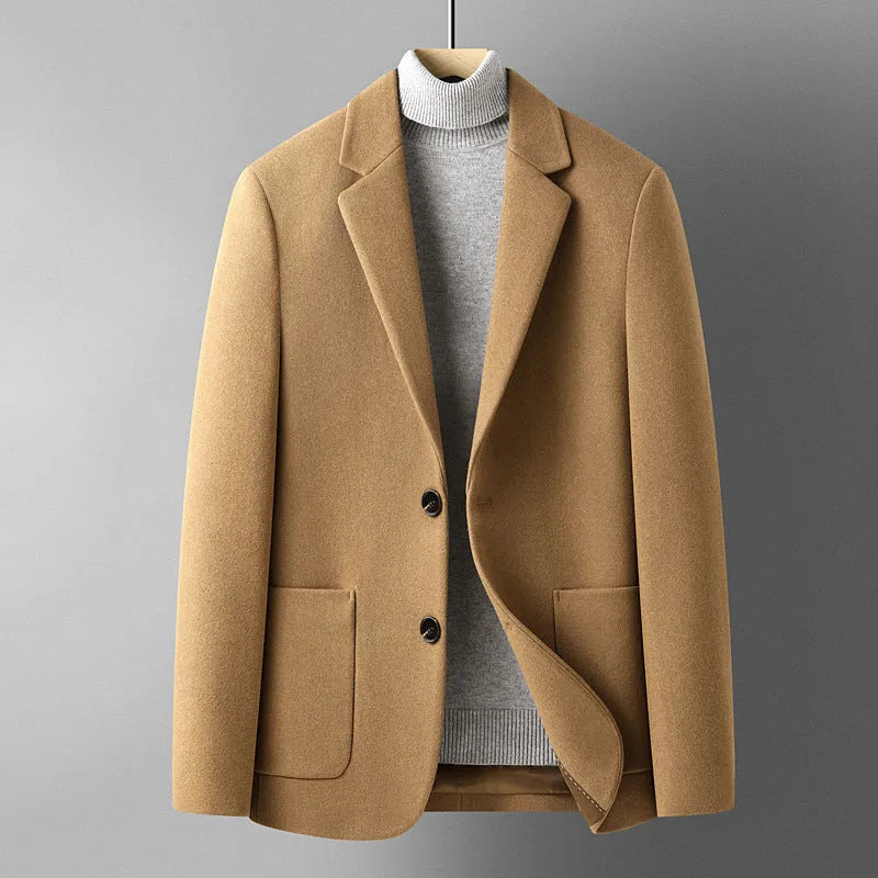 Men's slim fit wool suit jacket in gray, featuring a non-iron fabric and polyester lining for autumn and winter.