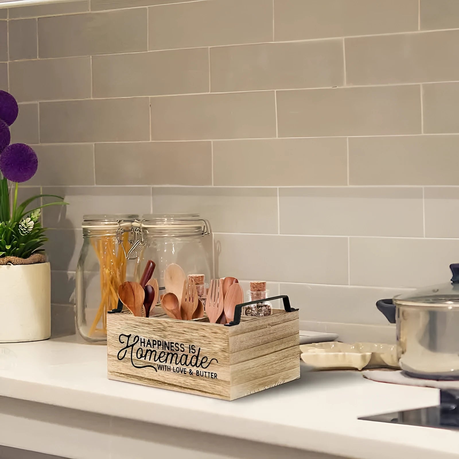 Large wooden kitchen storage box with grid dividers for organising cutlery and utensils