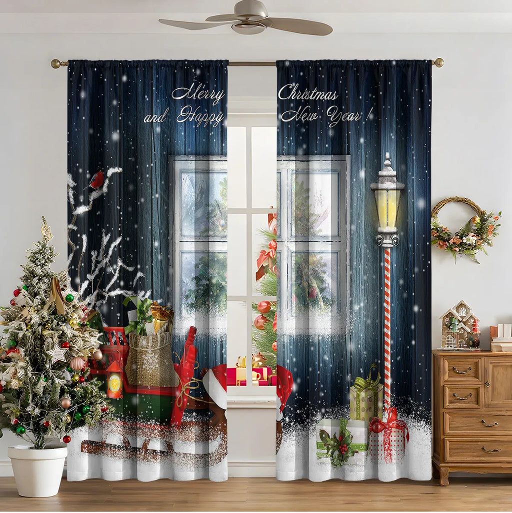 3D digital printed Christmas curtain in a modern European style, showing festive pattern and fabric texture.