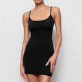 Black sleeveless skinny sheath sling dress with mid-waist and short skirt