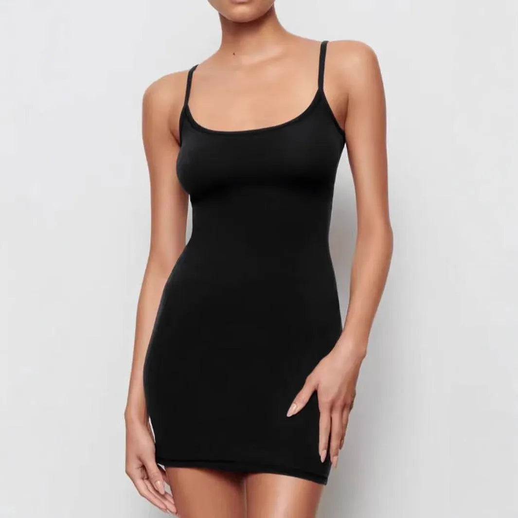 Black sleeveless skinny sheath sling dress with mid-waist and short skirt