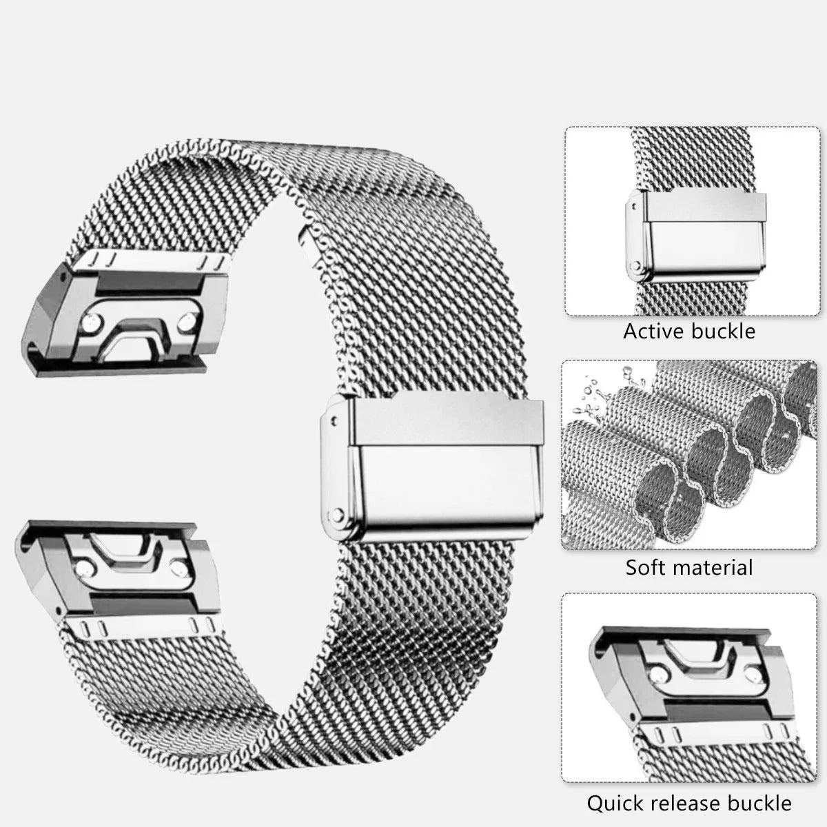 Stainless steel card watch strap for Garmin Fenix models in silver, black, gold, and rose gold finishes.