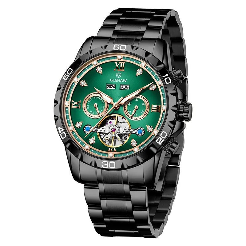 Men's automatic mechanical watch with stainless steel strap and mineral glass lens in silver case blue surface colour