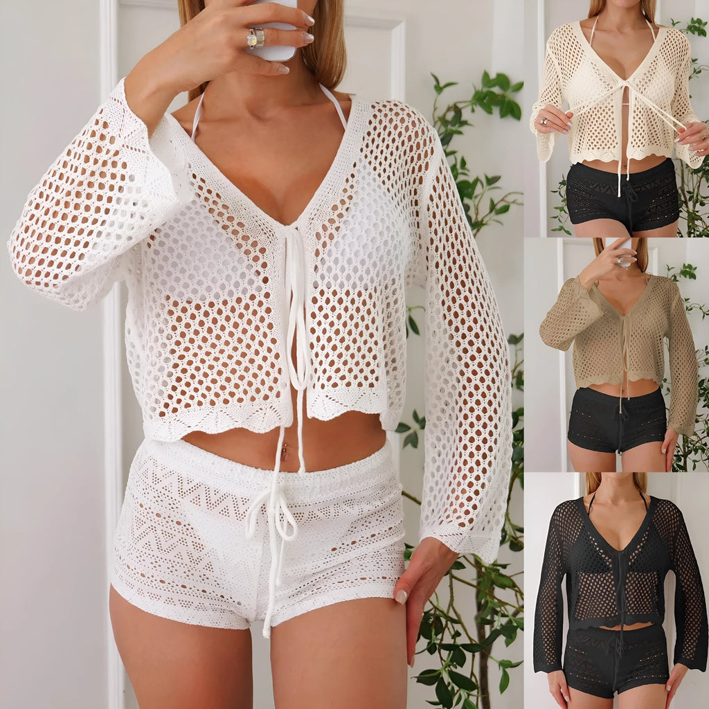 Women's short hollow woven cardigan blouse with bell sleeves in apricot colour