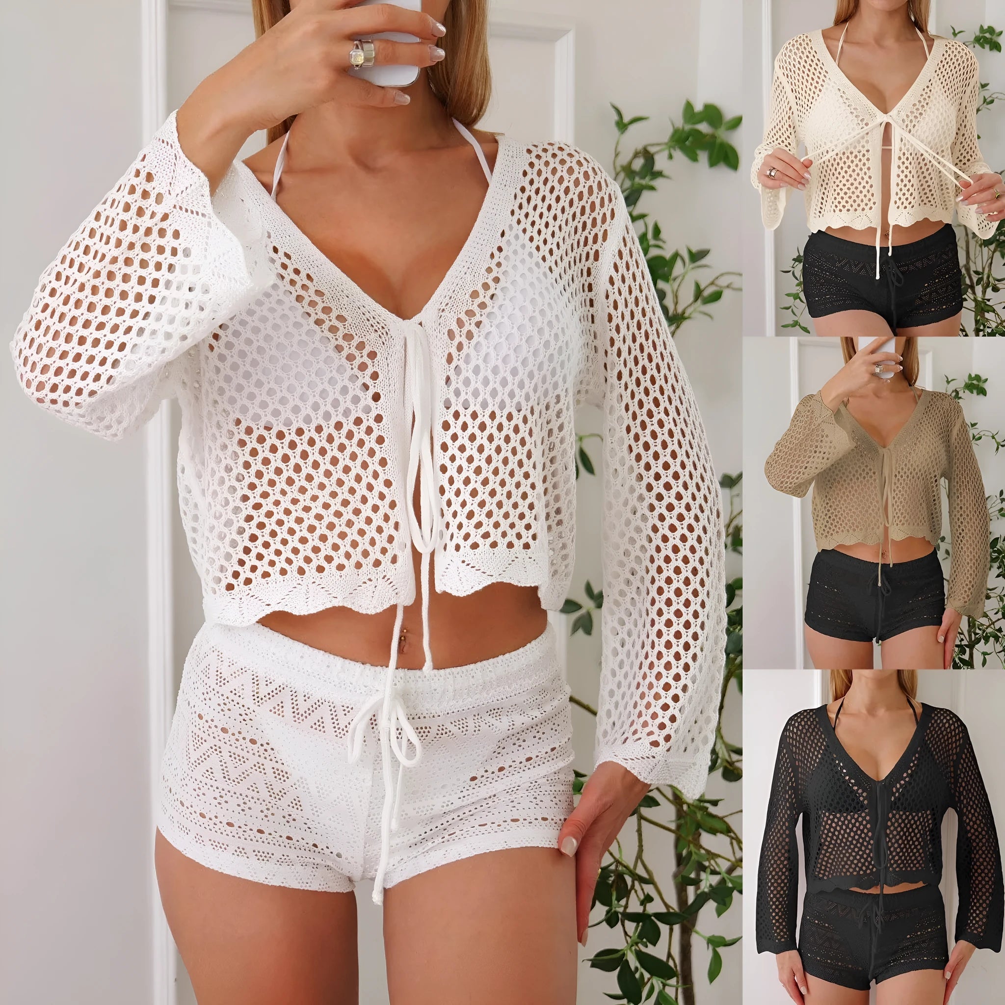 Women's short hollow woven cardigan blouse with bell sleeves in apricot colour
