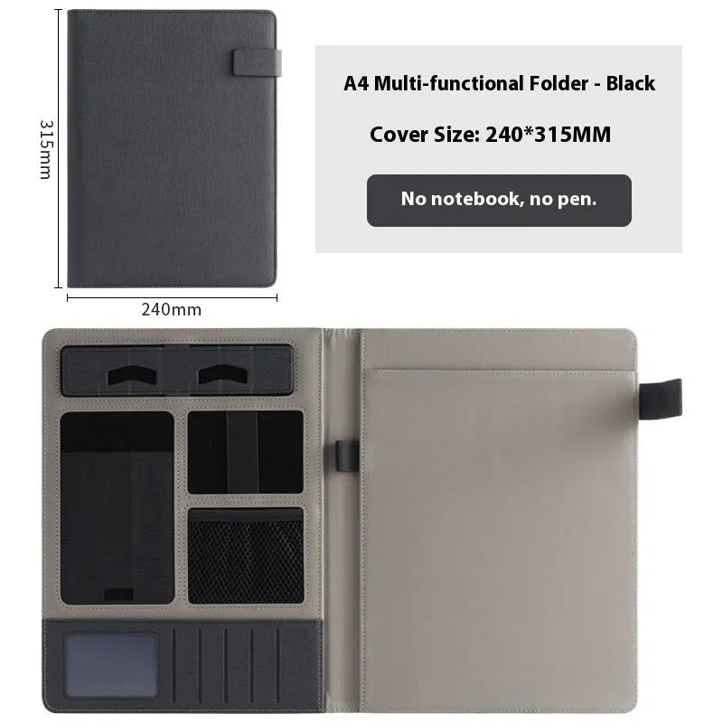 Leather A4 business multifunction folder with notepad and pen holder in black colour