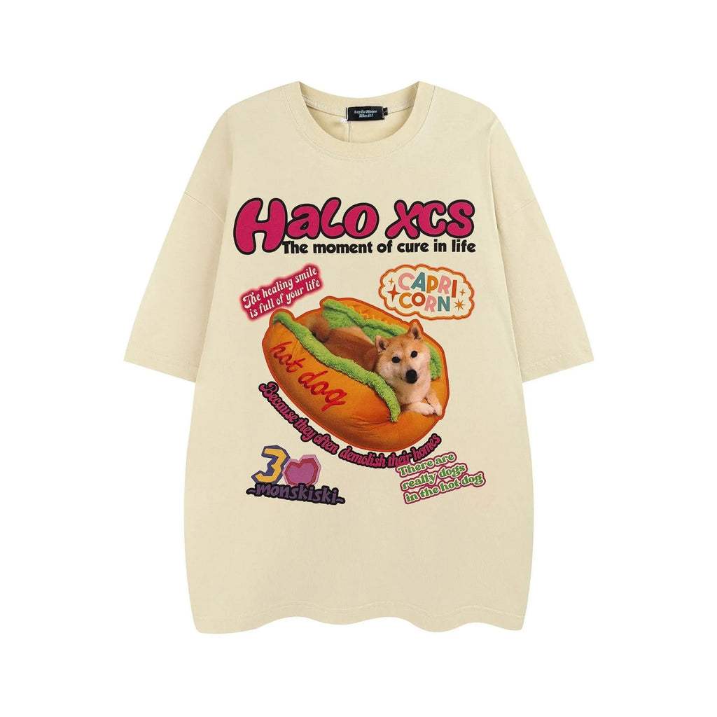 Cartoon hamburger dog printed cotton t-shirt in loose fit showing front design