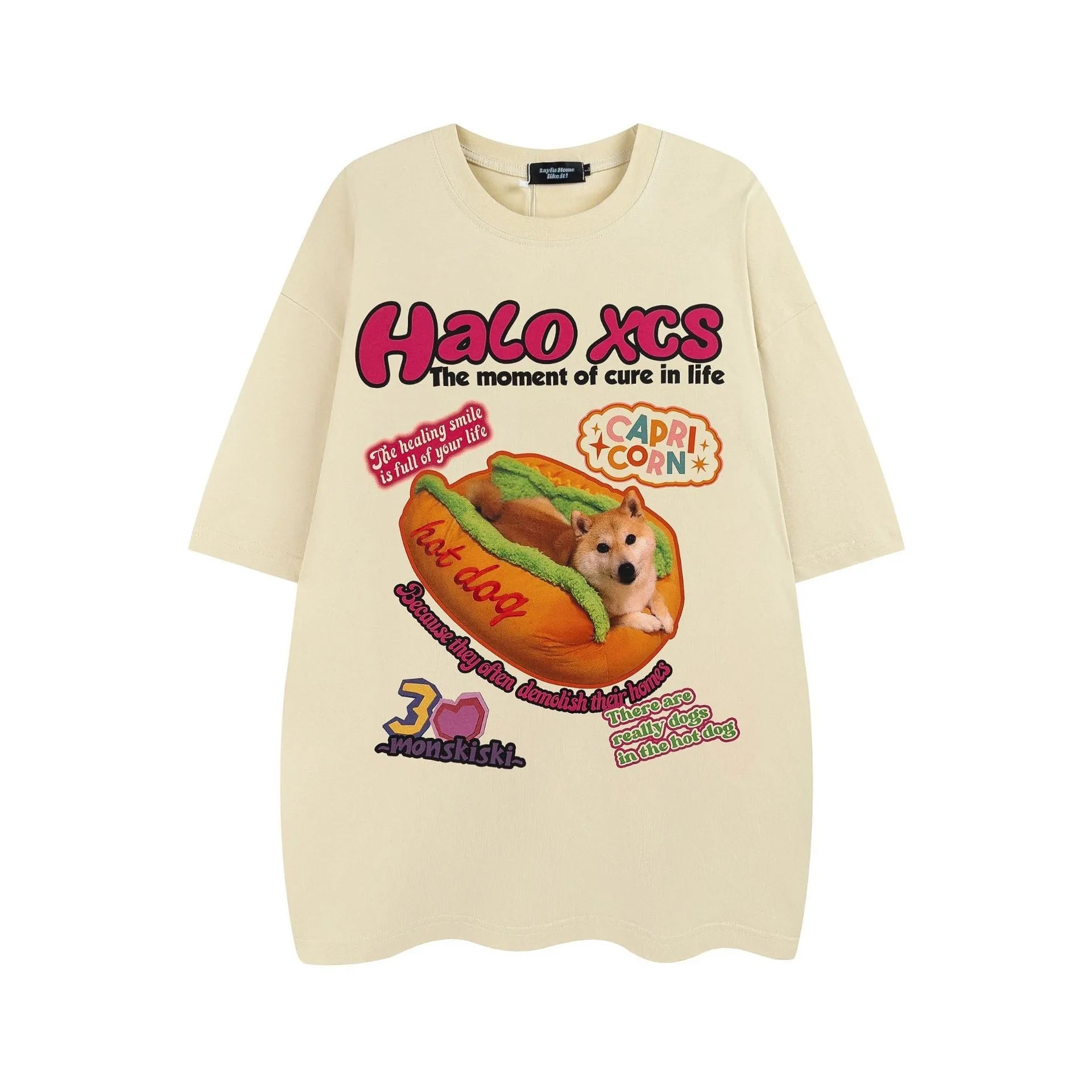 Cartoon hamburger dog printed cotton t-shirt in loose fit showing front design