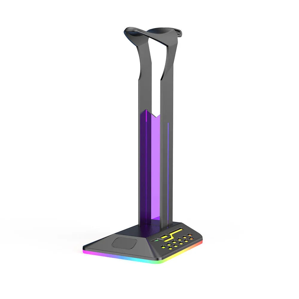 RGB colour-changing headset display bracket with dual USB ports and a 1.5-metre cable on a desk