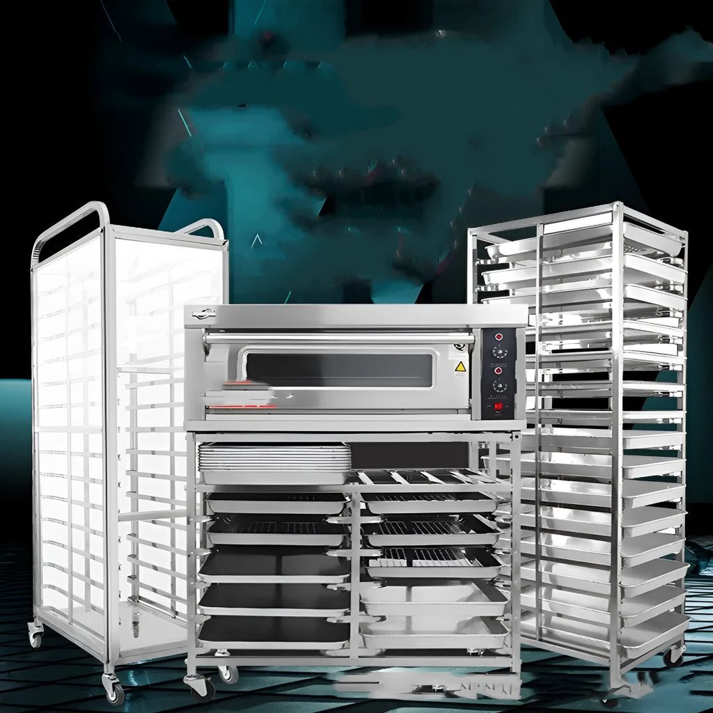 Stainless steel 6-layer baking tray rack with locking mechanism for 40x60cm commercial baking sheets