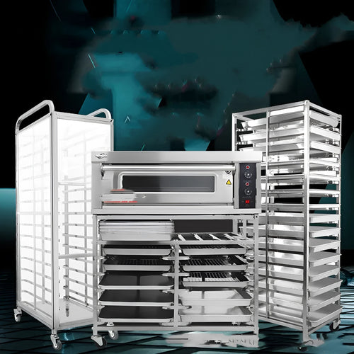 Stainless steel 6-layer baking tray rack with locking mechanism for 40x60cm commercial baking sheets